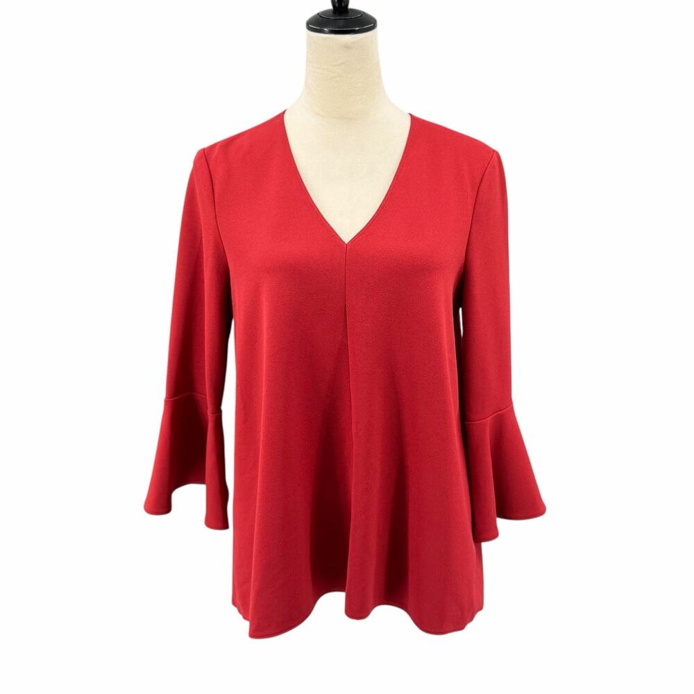 Tibi Crimson Red Crepe Stretch V-neck 3/4 Bell Sleeve Relaxed Fit Basic Top